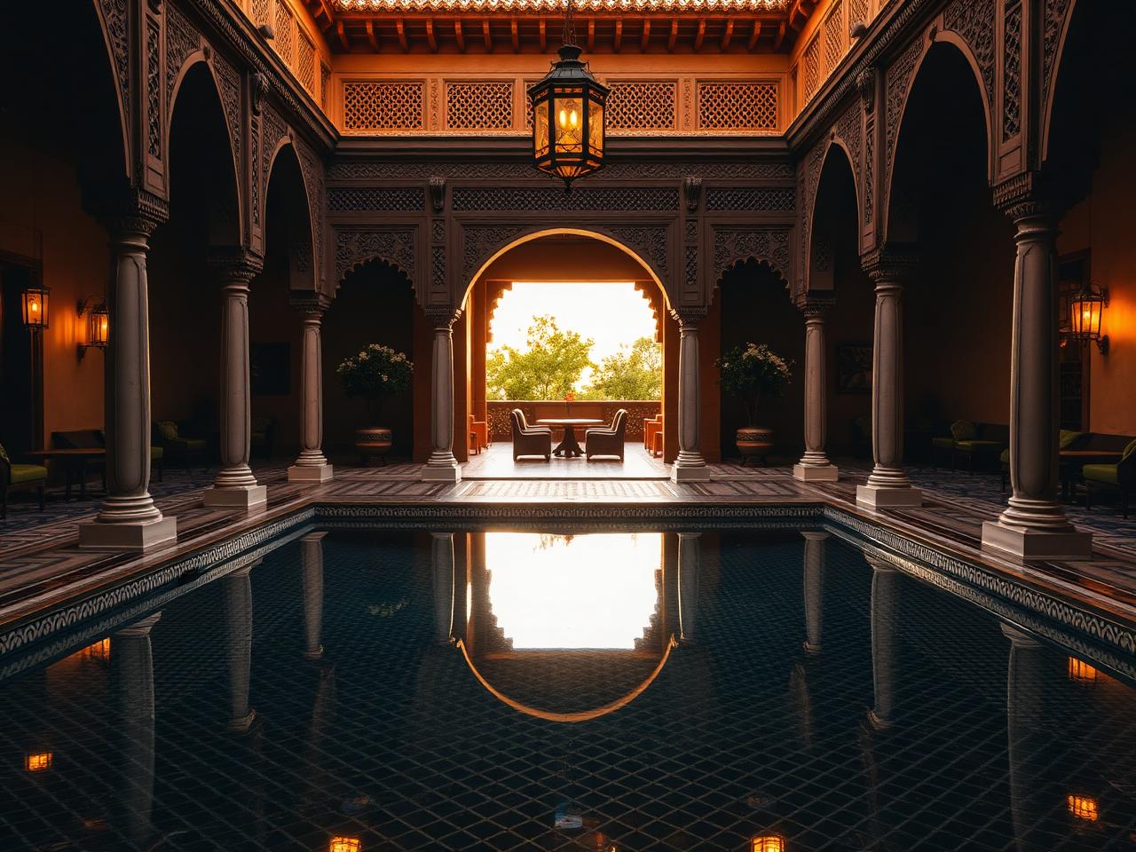 Elegant Moroccan riad courtyard with reflecting pool