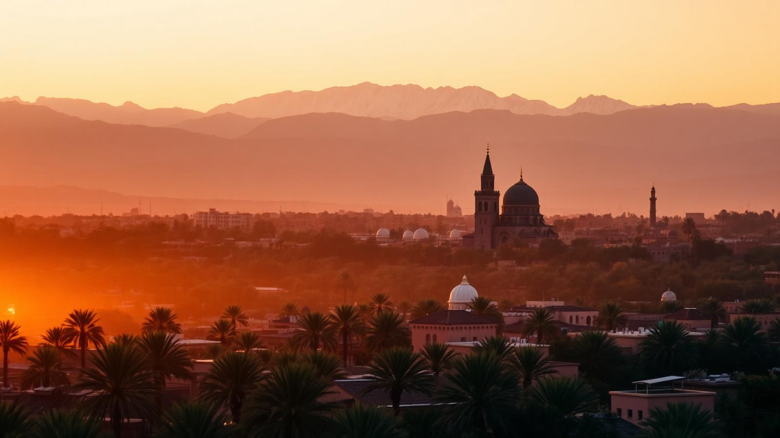 Marrakech skyline at sunset with the Atlas mountains